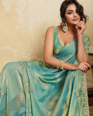 Charming firozi frendy chiffon multi sequins embroidered party wear saree 2