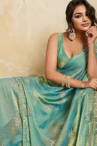 Charming firozi frendy chiffon multi sequins embroidered indian party wear saree