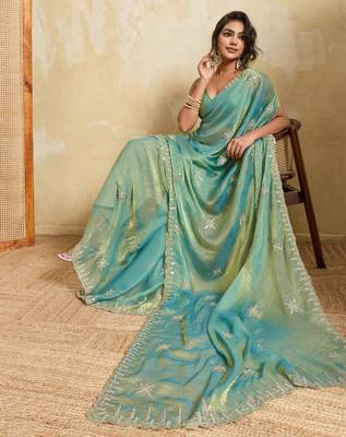 Charming firozi frendy chiffon multi sequins embroidered party wear saree 3