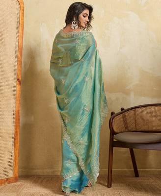 Charming firozi frendy chiffon multi sequins embroidered party wear saree 4