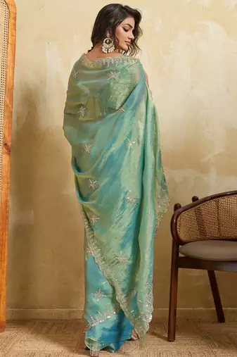 Charming firozi frendy chiffon multi sequins embroidered indian party wear saree