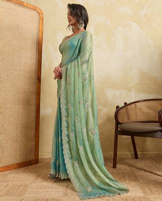 Charming firozi frendy chiffon multi sequins embroidered party wear saree 5