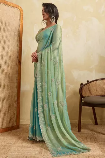 Charming firozi frendy chiffon multi sequins embroidered indian party wear saree