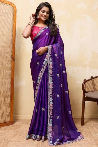 Colorful blue frendy satin multi sequins embroidered indian designer wedding saree