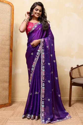 Colorful blue frendy satin multi sequins embroidered indian designer wedding saree
