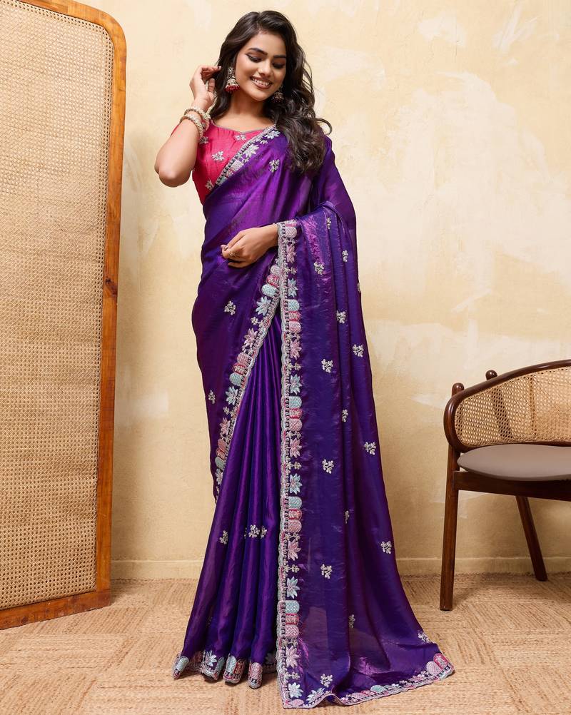 Colorful blue frendy satin multi sequins embroidered indian designer wedding saree