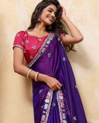 Colorful blue frendy satin multi sequins embroidered indian designer wedding saree 2