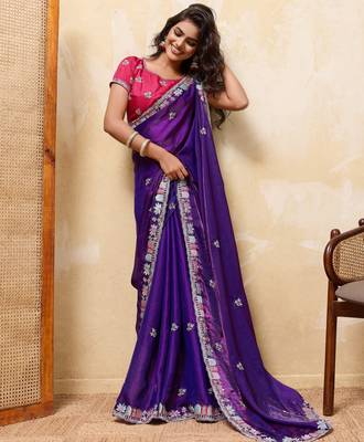 Colorful blue frendy satin multi sequins embroidered indian designer wedding saree 3