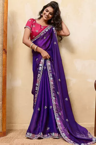 Colorful blue frendy satin multi sequins embroidered indian designer wedding saree