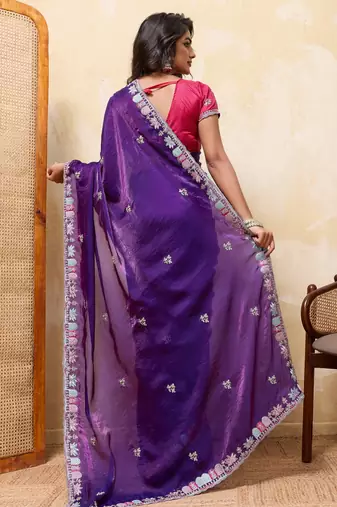 Colorful blue frendy satin multi sequins embroidered indian designer wedding saree