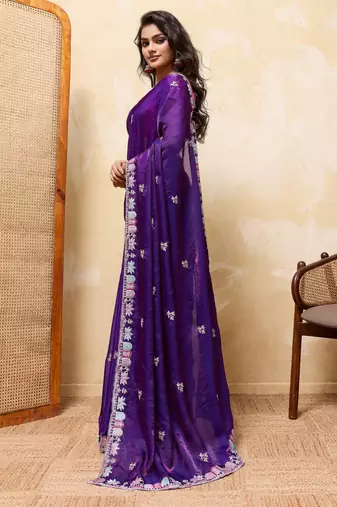 Colorful blue frendy satin multi sequins embroidered indian designer wedding saree