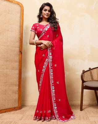 Comely red frendy satin multi sequins embroidered indian designer party wear saree 1