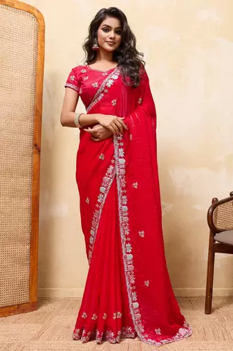 Comely red frendy satin multi sequins embroidered indian designer party wear saree