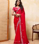 Comely red frendy satin multi sequins embroidered indian designer party wear saree