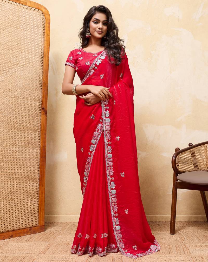 Comely red frendy satin multi sequins embroidered indian designer party wear saree