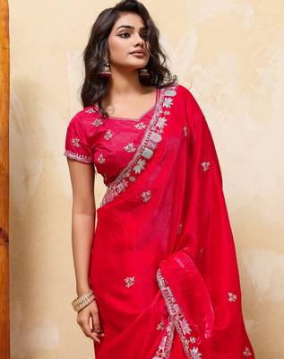 Comely red frendy satin multi sequins embroidered indian designer party wear saree 2