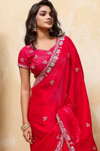 Comely red frendy satin multi sequins embroidered indian designer party wear saree