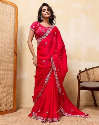 Comely red frendy satin multi sequins embroidered indian designer party wear saree 3