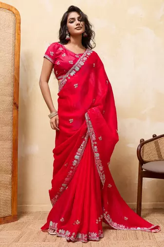 Comely red frendy satin multi sequins embroidered indian designer party wear saree