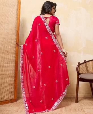 Comely red frendy satin multi sequins embroidered indian designer party wear saree 4