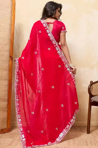 Comely red frendy satin multi sequins embroidered indian designer party wear saree
