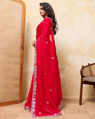 Comely red frendy satin multi sequins embroidered indian designer party wear saree 5