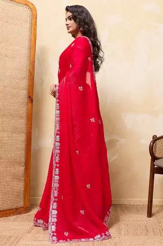 Comely red frendy satin multi sequins embroidered indian designer party wear saree