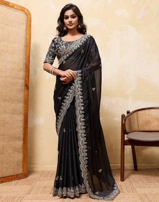 Delightfully black rangoli silk sequins embroidered indian designer traditional sare 1