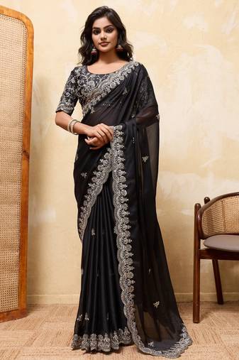 Delightfully black rangoli silk sequins embroidered indian designer traditional sare