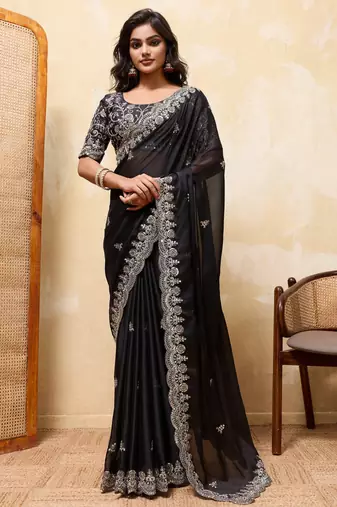 Delightfully black rangoli silk sequins embroidered indian designer traditional sare