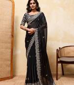 Delightfully black rangoli silk sequins embroidered indian designer traditional sare