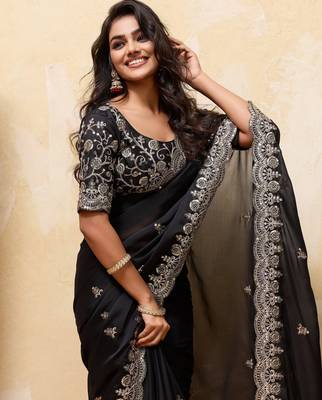Delightfully black rangoli silk sequins embroidered indian designer traditional sare 2