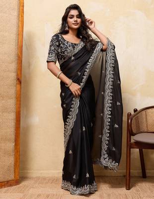 Delightfully black rangoli silk sequins embroidered indian designer traditional sare 3