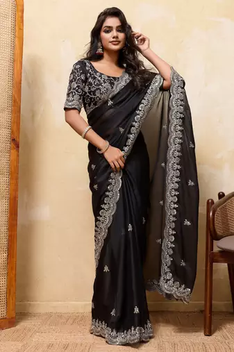 Delightfully black rangoli silk sequins embroidered indian designer traditional sare
