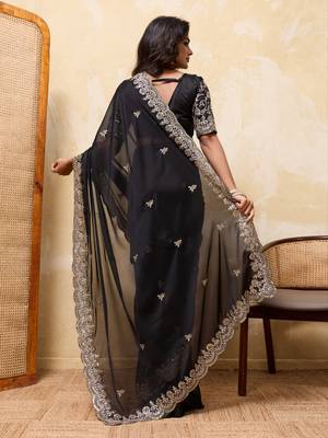 Delightfully black rangoli silk sequins embroidered indian designer traditional sare 4