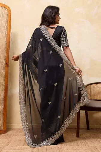 Delightfully black rangoli silk sequins embroidered indian designer traditional sare