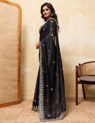 Delightfully black rangoli silk sequins embroidered indian designer traditional sare 5