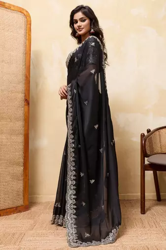 Delightfully black rangoli silk sequins embroidered indian designer traditional sare