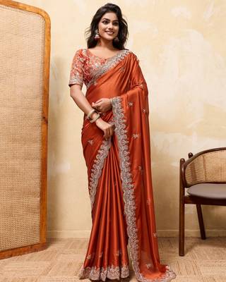 Attractive orange rangoli silk sequins embroidered indian ceremonial saree 1
