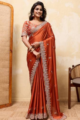 Attractive orange rangoli silk sequins embroidered indian ceremonial saree