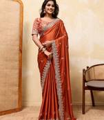 Attractive orange rangoli silk sequins embroidered indian ceremonial saree