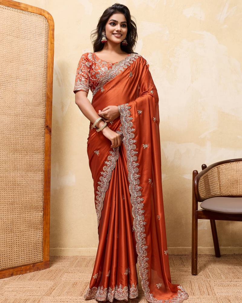 Attractive orange rangoli silk sequins embroidered indian ceremonial saree