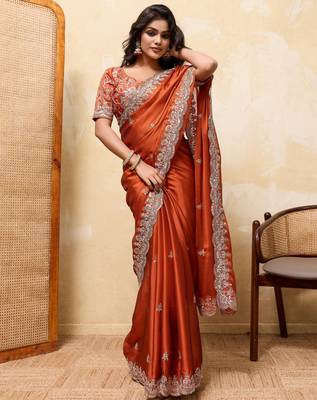 Attractive orange rangoli silk sequins embroidered indian ceremonial saree 3