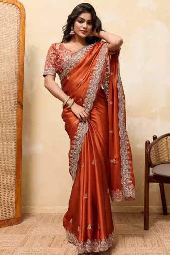 Attractive orange rangoli silk sequins embroidered indian ceremonial saree
