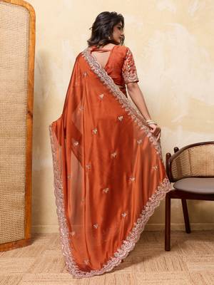 Attractive orange rangoli silk sequins embroidered indian ceremonial saree 4