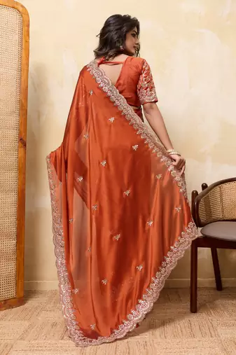 Attractive orange rangoli silk sequins embroidered indian ceremonial saree