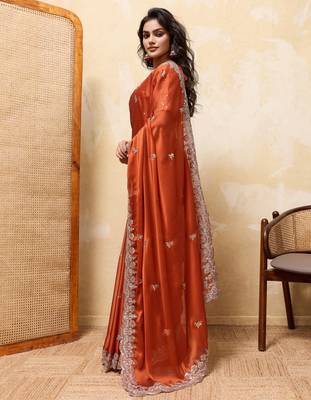 Attractive orange rangoli silk sequins embroidered indian ceremonial saree 5