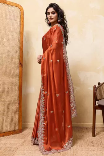 Attractive orange rangoli silk sequins embroidered indian ceremonial saree