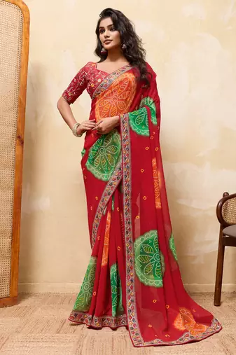 Engaging red georgette sequins embroidered indina wedding saree