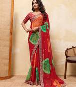Engaging red georgette sequins embroidered indina wedding saree